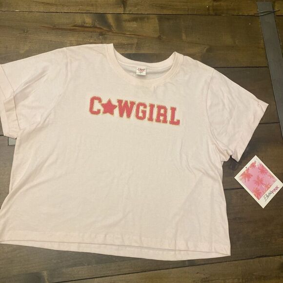 Electric Pink Cowgirl Spell out Crop Tee Size Large new with tags - Picture 1 of 6